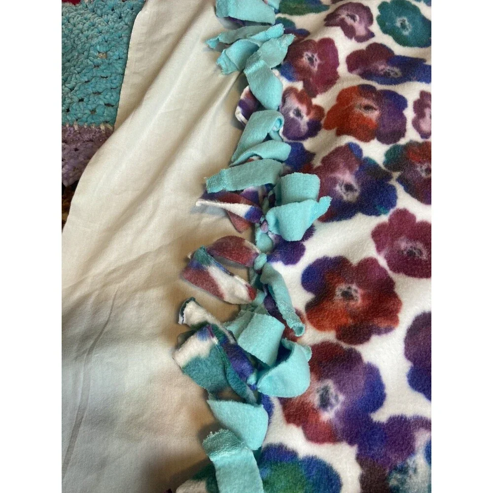 Handmade Tied Blanket Throw  Floral  54”x62” Multicolor Teal Back￼
